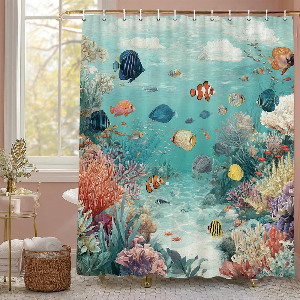 Underwater World Ocean Dolphin Sea Turtle Shower Curtain, Bathroom Decorative Shower Curtain, printing Shower Curtain with Hooks