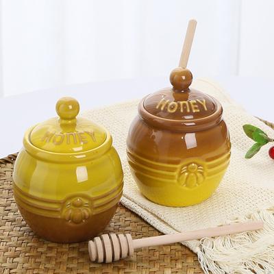 Pote de mel de cerâmica de 350 ml, pote de mel de fazenda com vara de mel de madeira, dispensador de mel retrô, decoração de cozinha para presente de esposa no dia das mães
