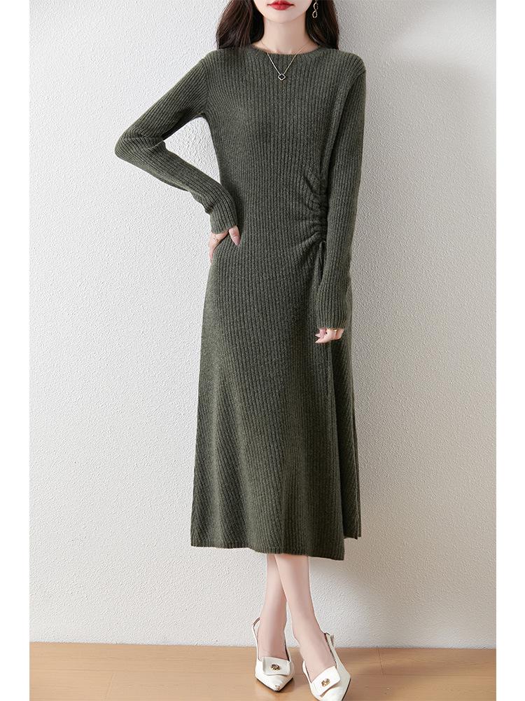Women's Cashmere Knit A-Line Dress - Mid-Length, Round Neck, Over-the-Knee, 100% Pure, Casual and Versatile