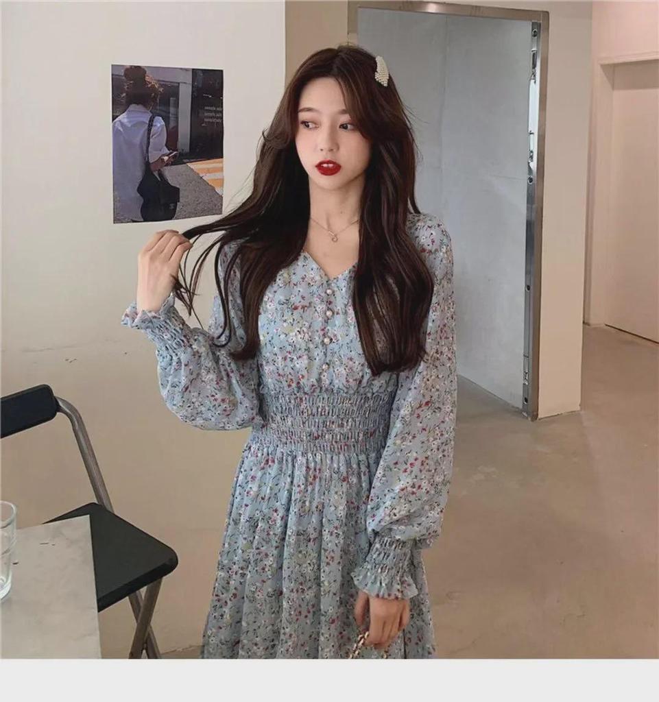 2024 Floral Chiffon V-Neck Dress: High-Waisted, Long-Sleeve, Waist-Cinching Korean Style for Spring and Autumn