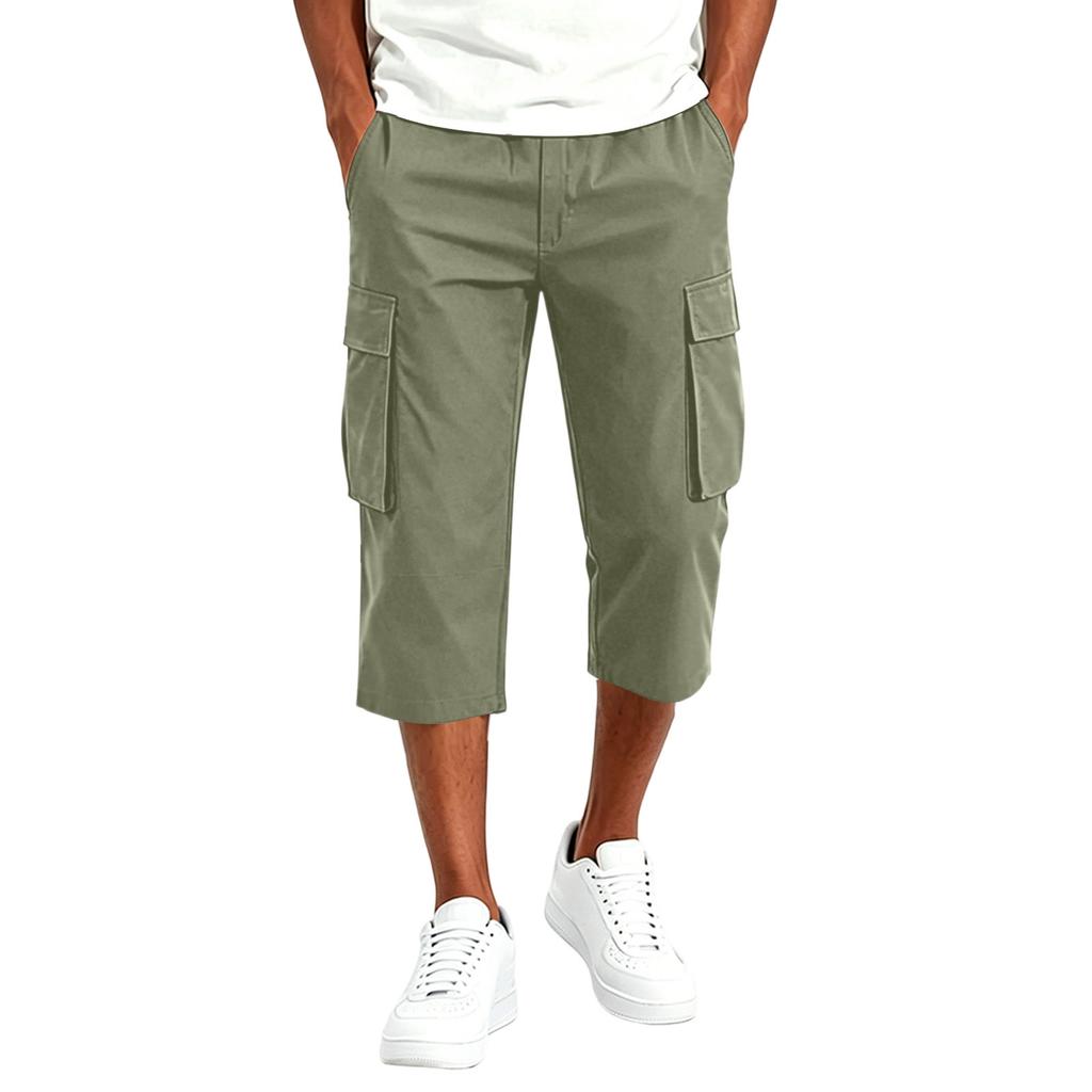 Men Drawstring Waist Multi Pocket Casual Capri Pants Loose Fit Knee Length Cargo Trousers for Outdoor Daily Wear