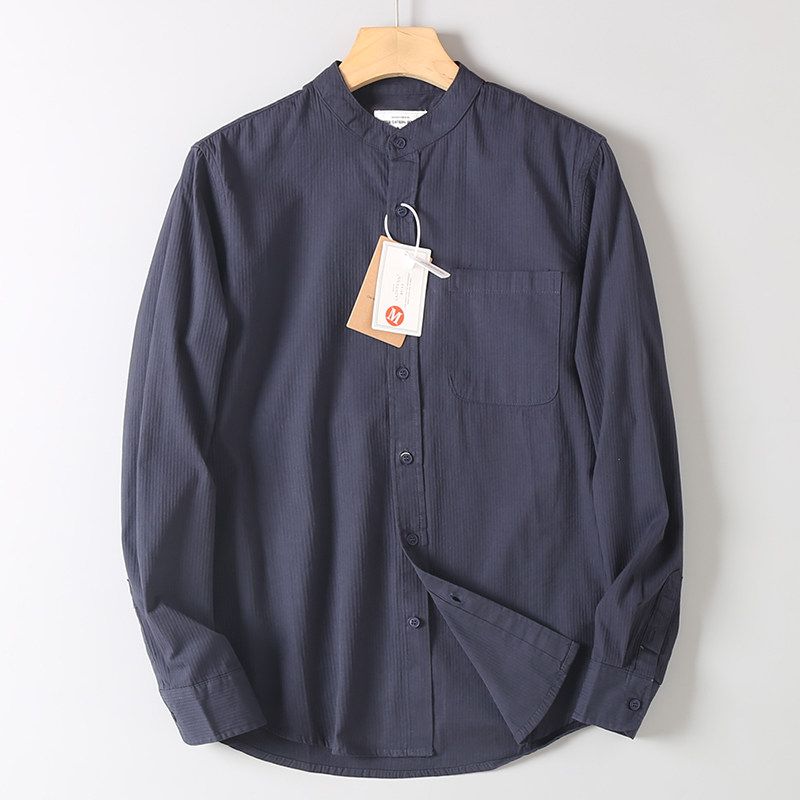 Men's Autumn Versatile Loose Casual Long-Sleeve Shirt with Dark Striped Collar, Made from Washed Cotton, from Foreign Trade Surplus Stock
