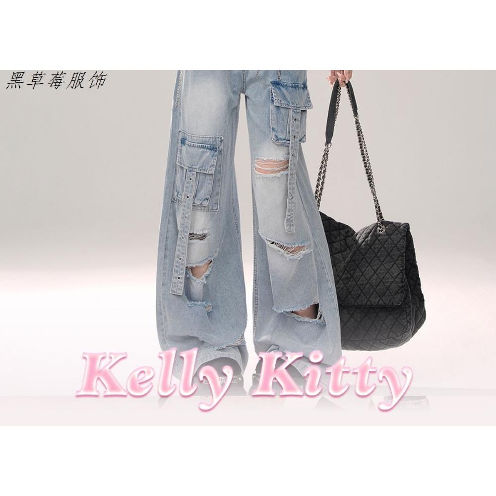High-waisted Ripped Workwear Jeans for Women New Style with Loose Ribbons Straight-leg Washed Floor Mopping Pants Old Fashion