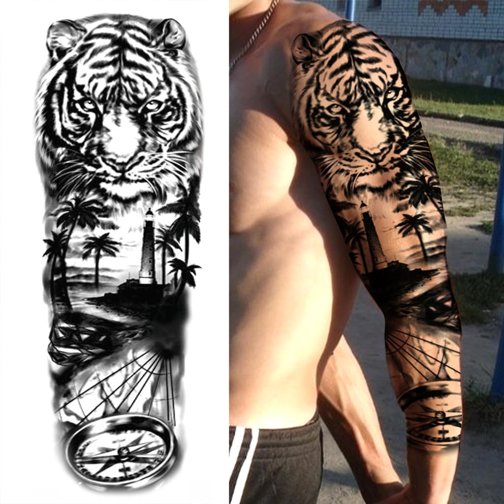 1 Foglio Tatuaggi Temporanei Finti Manica Lunga Per Donne Uomini Leone Tigre Fiore Lupo Maori Tatuaggio Adesivo Braccio Gamba Trasferimento ad Acqua Fai da Te
