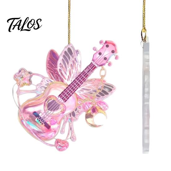 Festival Decorative Ornaments Pink Guitar Butterfly Ornament, Acrylic Music Hanging Decor with Rose Themed Christmas Decorations And Quote,