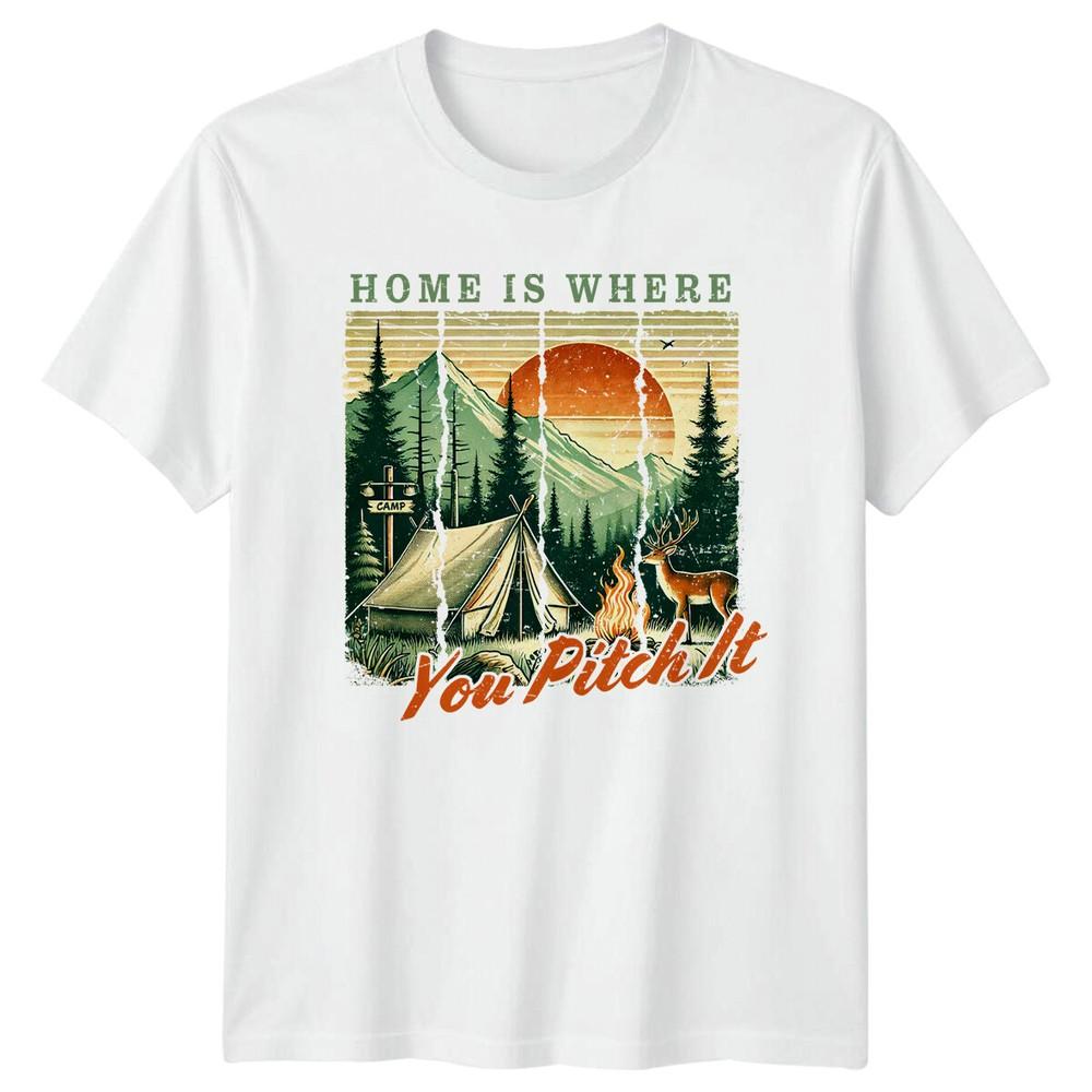 Home Is Where You Pitch It Camping Deer Adventure Outdoor Graphic TShirt S