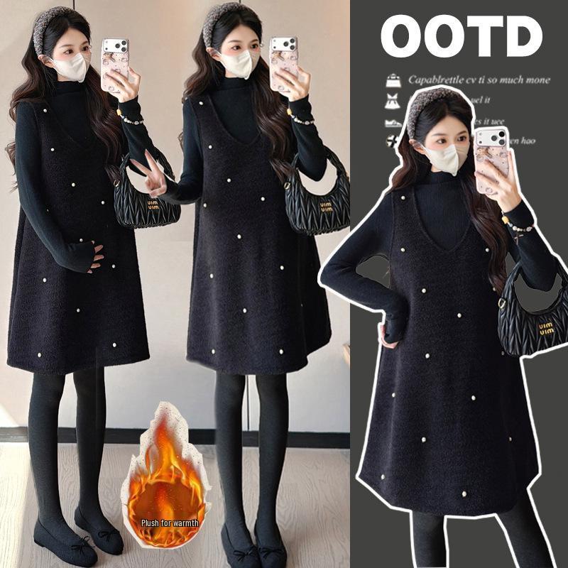 

2025 Autumn/Winter High-Quality Velvet Thickened Maternity Two-Piece Dress Set - Age-Reducing Design XL