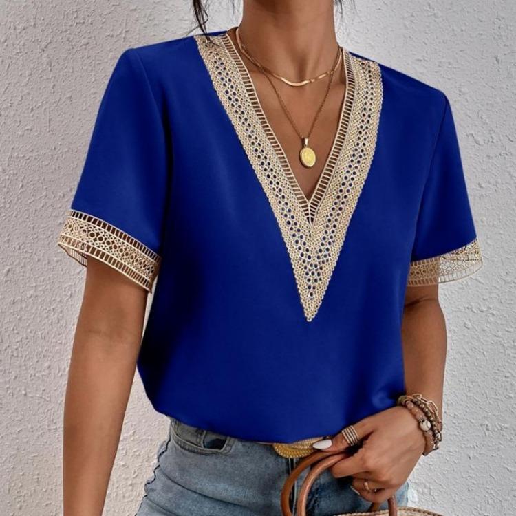 Women Loose Top Blouse Short Sleeve V Neck Lacework Shirt 8 Colors