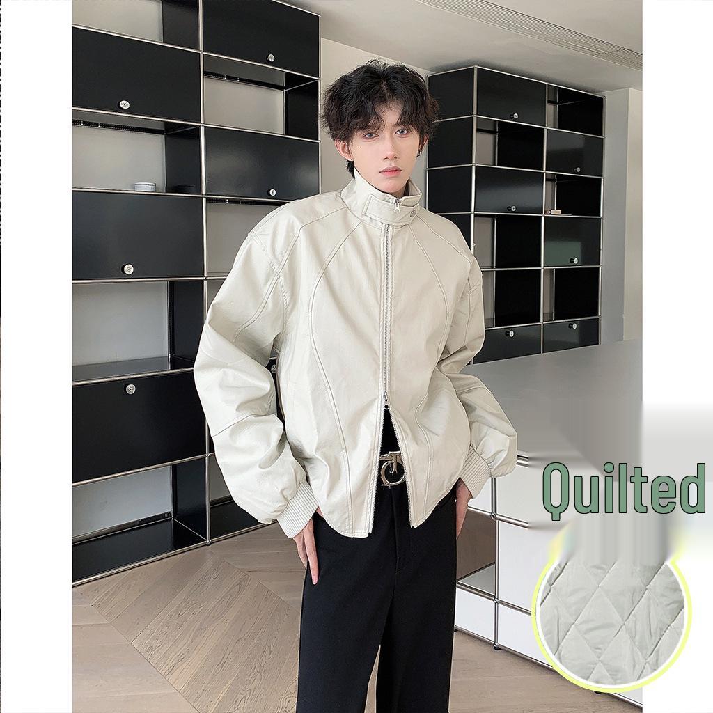 

Men s Retro PU Leather Stand Collar Jacket – Autumn/Winter Trendy, Handsome, High-End, Warm Padded Design. L абрикосовий