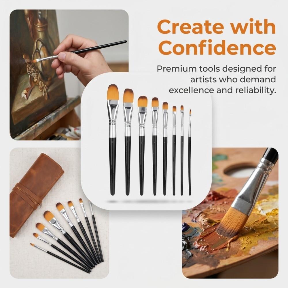 8PCS Wood Handle Paint Brush Set Round & Flat Tips Multi-Media Brushes Acrylic Painting