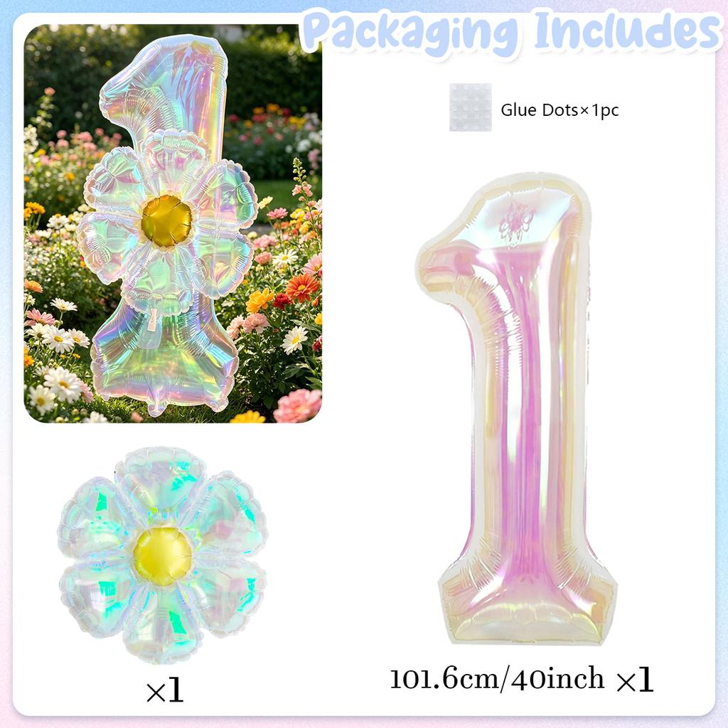 40Inch Colorful Transparent Number Balloons & Large Transparent Daisy Foil Balloons, For Birthday Party, Anniversary Decoration