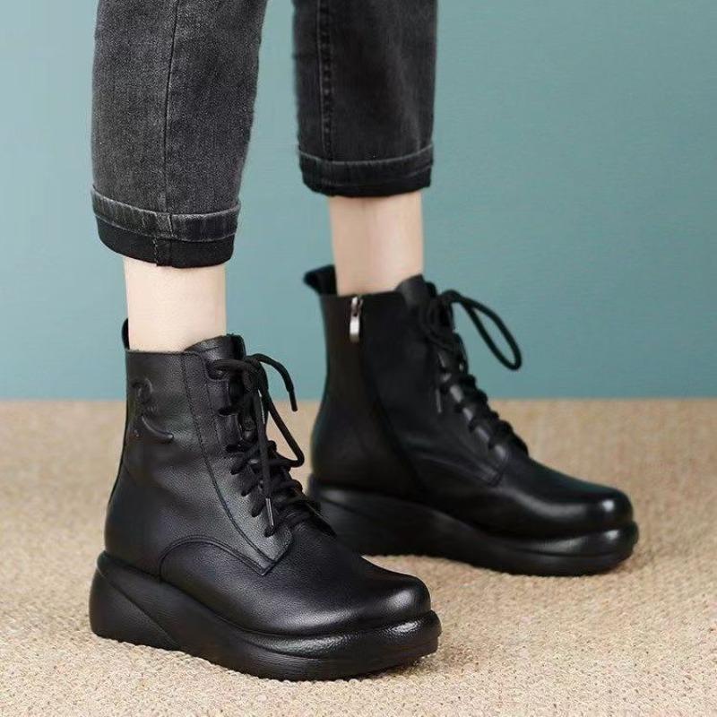 Soft leather boots women's thick-soled muffin shoes slope heel round head autumn and winter new real soft leather velvet thickened warm fashion boots