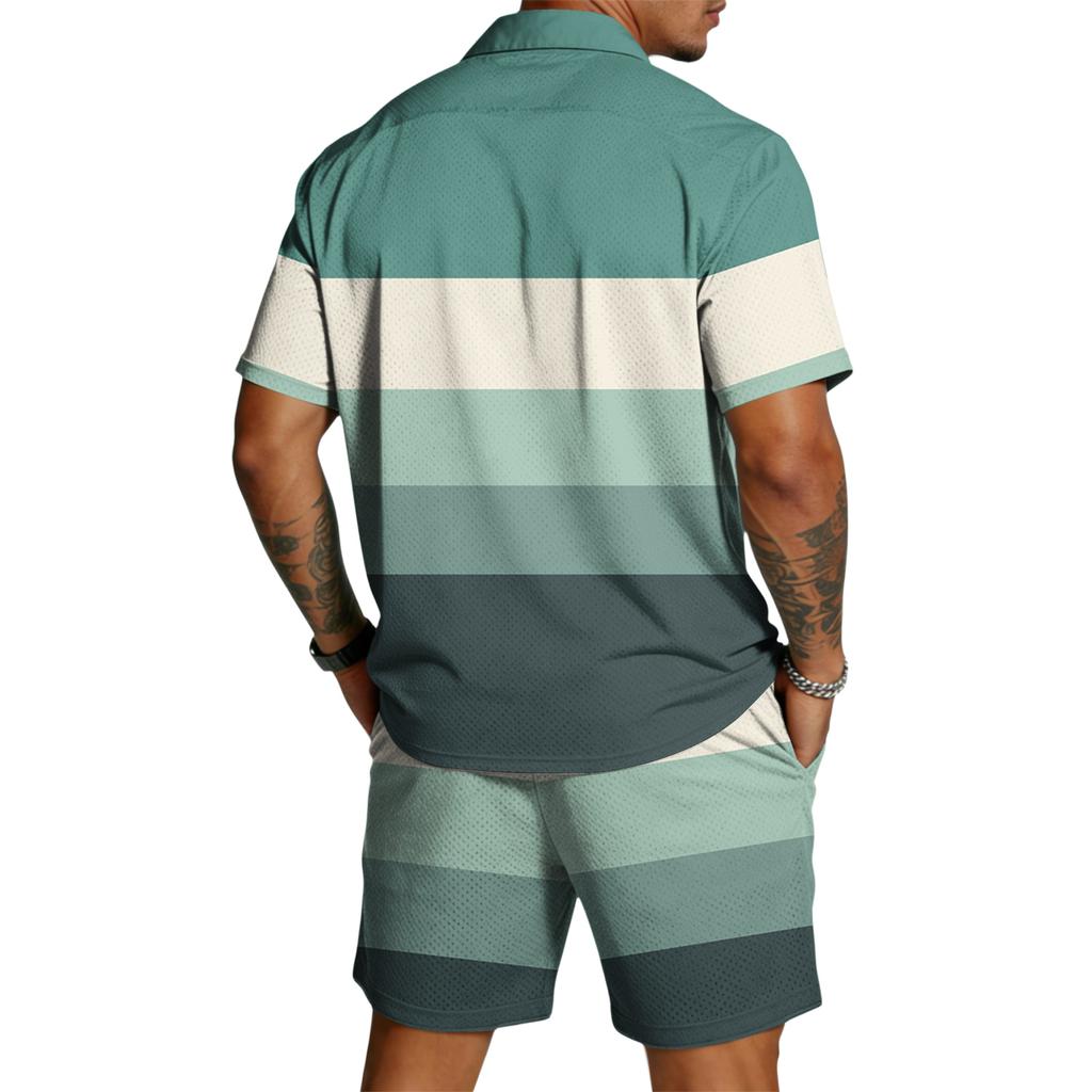Men Short Sleeve Button Down Shirt and Shorts Set Casual Striped Print Two Piece Outfit Lightweight Breathable Fabric