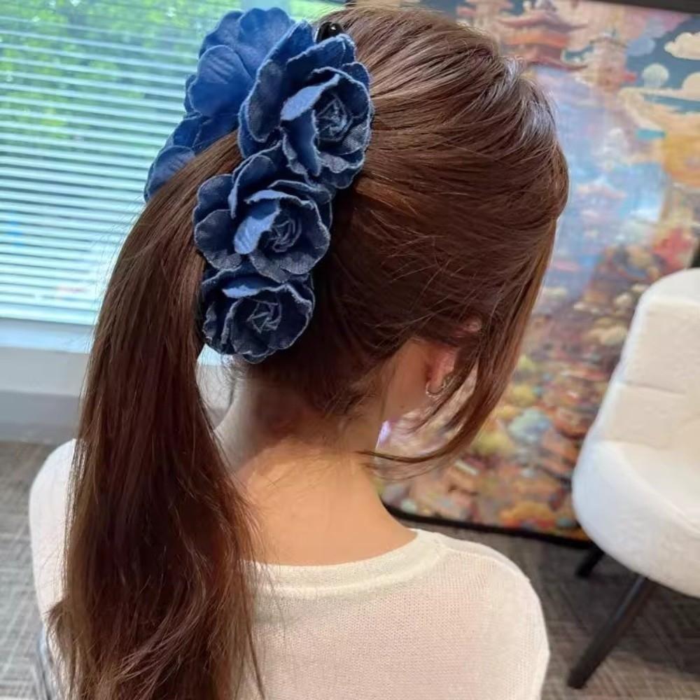 Denim Blue Women Vertical Clip Camellia Floral Twisted Hair Clip Elegant Flower Banana Clips  Girls