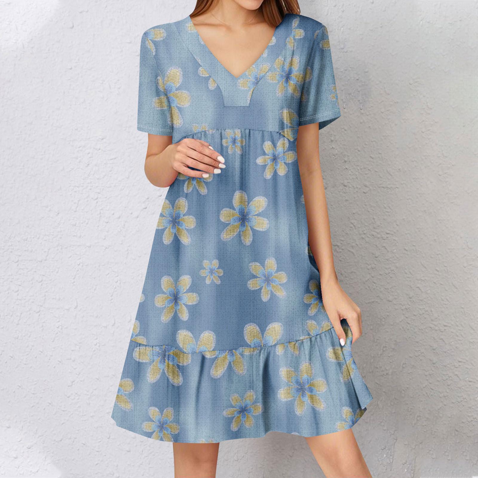 

Женское летнее платье с коротким рукавом и V-образным вырезом, короткие платья, модное повседневное струящееся бохо-платье с оборками, А-силуэт, свободное платье-халат L синий