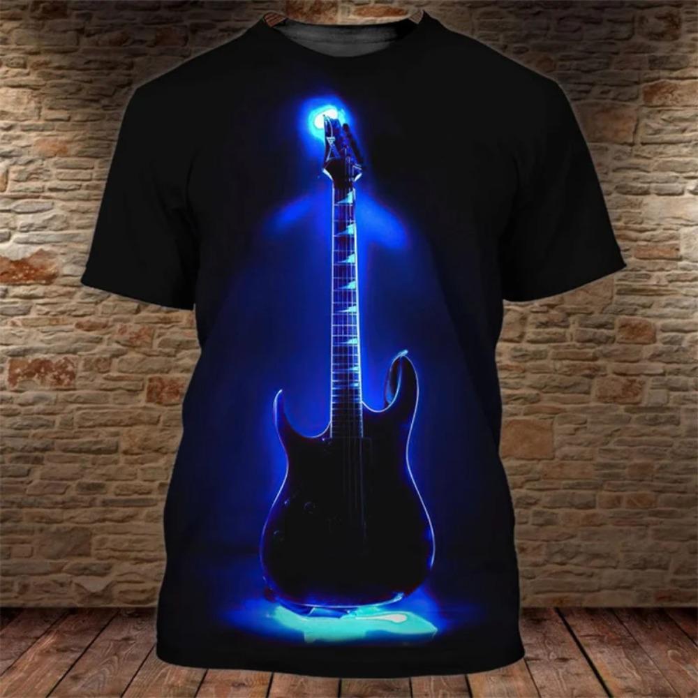 Jazz 3D Printed Piano Guitar Pattern Men's Fashionable Round Neck Short Sleeved T-shirt