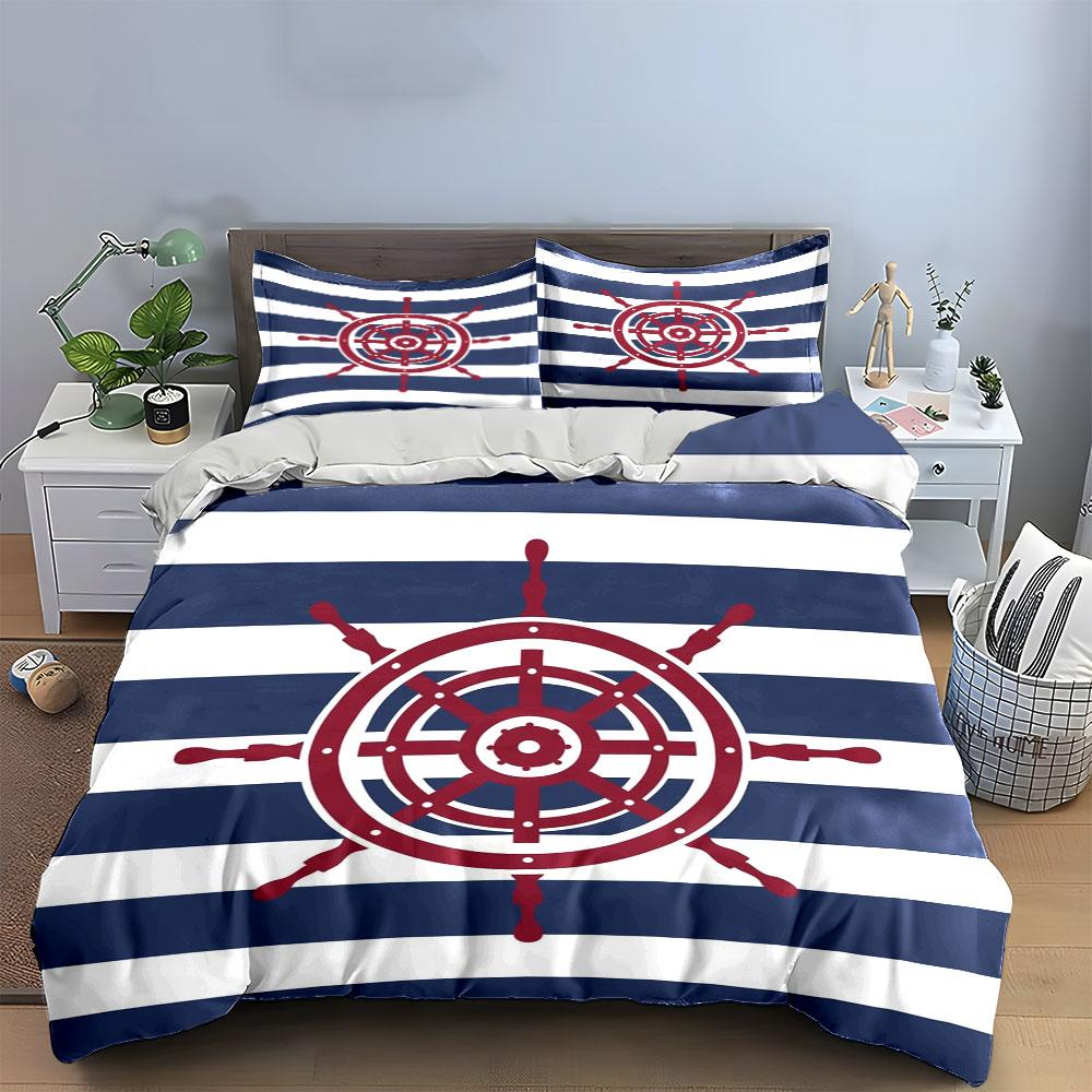 Nautical wheel and stripes. Bedding sets Duvet cover sets Duvet covers Pillowcases(1*Duvet Cover 2*Pillowcases without duvet insert)