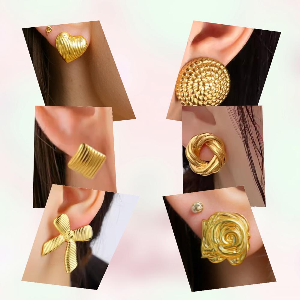 2-8 Pairs Earrings Stud Geometric Square Stripe Round Textured Heart Rose Star Bow Double Water Drop Design Jewelry for Women