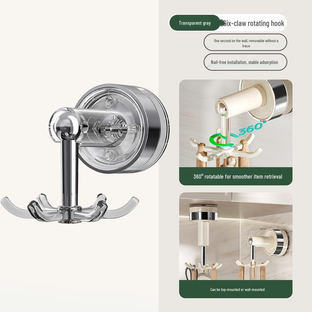 Six-Claw Rotating Suction Cup Wall Hooks: No-Drill Storage for Kitchen & Bathroom.