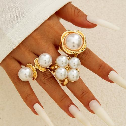 Design Geometric Baroque Pearl Ring Alloy Flower Dripping Branch Ring Set