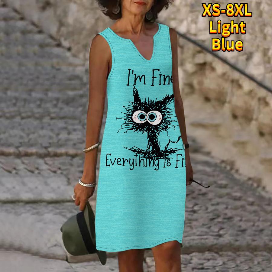 

Женское летнее платье с v-образным вырезом и принтом жареного котенка с большими глазами, повседневное модное платье без рукавов, повседневное свободное сексуальное платье размера плюс XS-8XL 8XL светло-синий