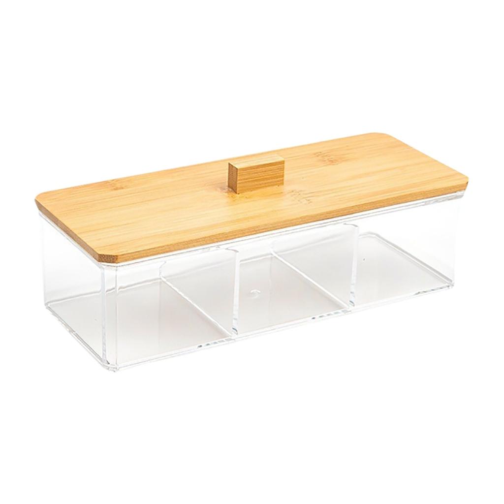 Transparent Makeup Cotton Pads Swab Storage Bin Case Cosmetics Organizer Box With Bamboo Cover For Women Makeup Holder Storage