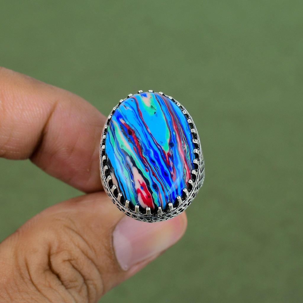 Rainbow Calsilica Ring 925 Sterling Silver Ring Designer Ring Genuine Gemstone Jewelry Handmade Ring Engagement Gifts Available In Ring Size