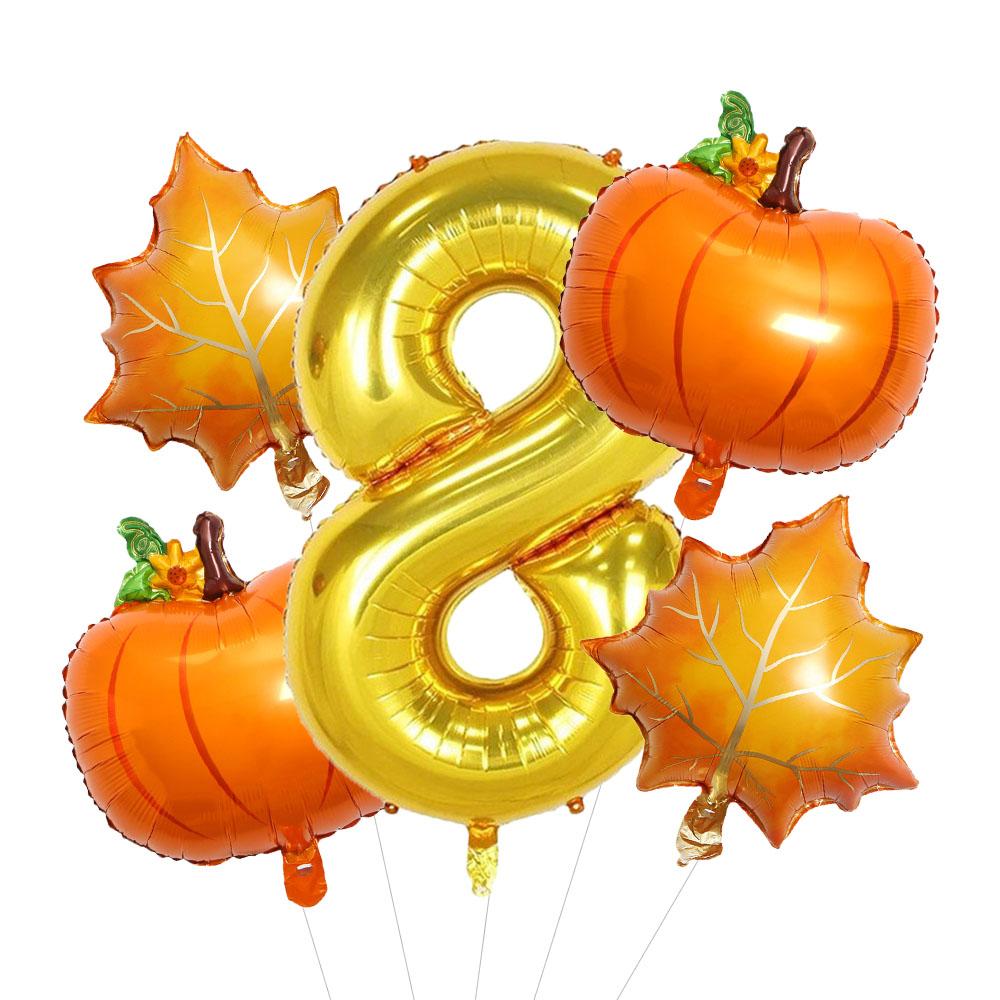 5pcs Autumn Pumpkin Maple Leaves Balloons Set 32inch Gold Number 0-9 Balloon Birthday Decorations Fall Festive Party Supplies