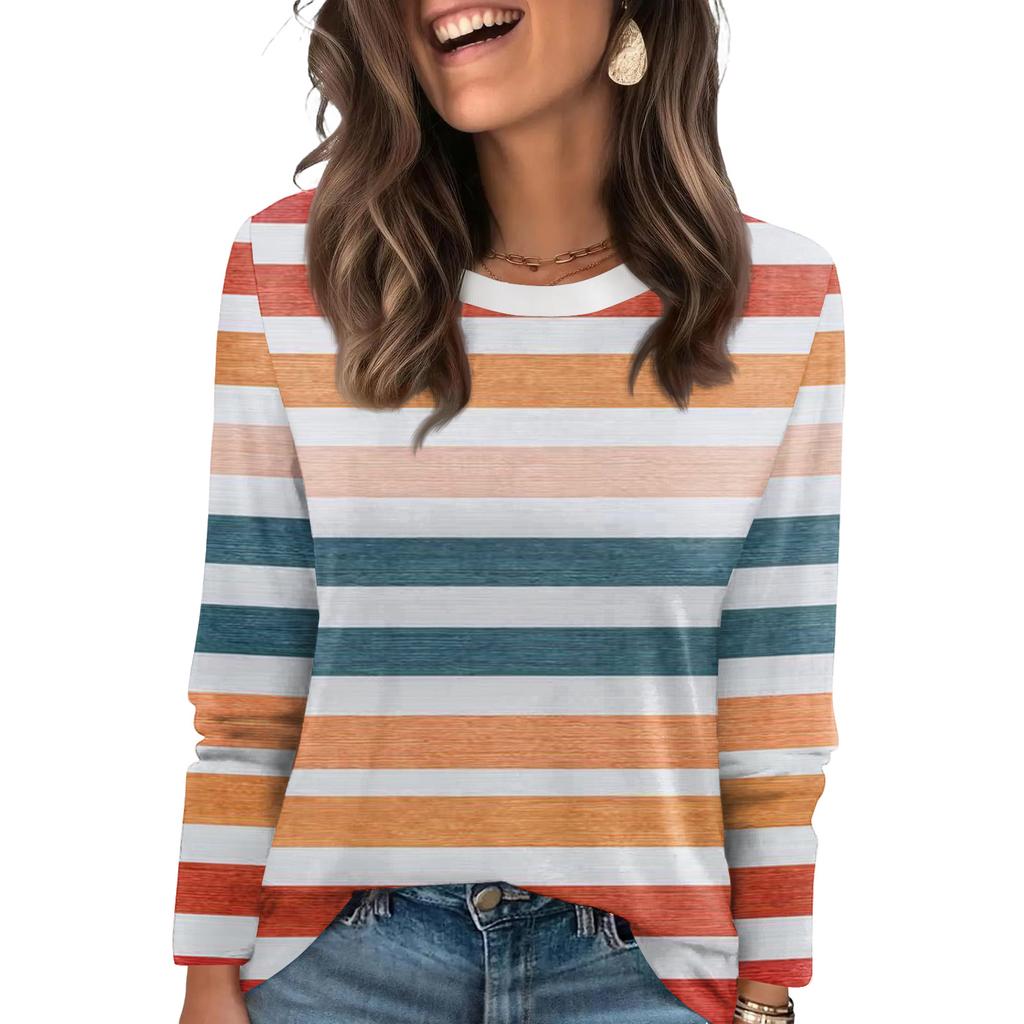 Damtopp med randigt tryck, moderiktig, avslappnad, rund halsringning, långa ärmar