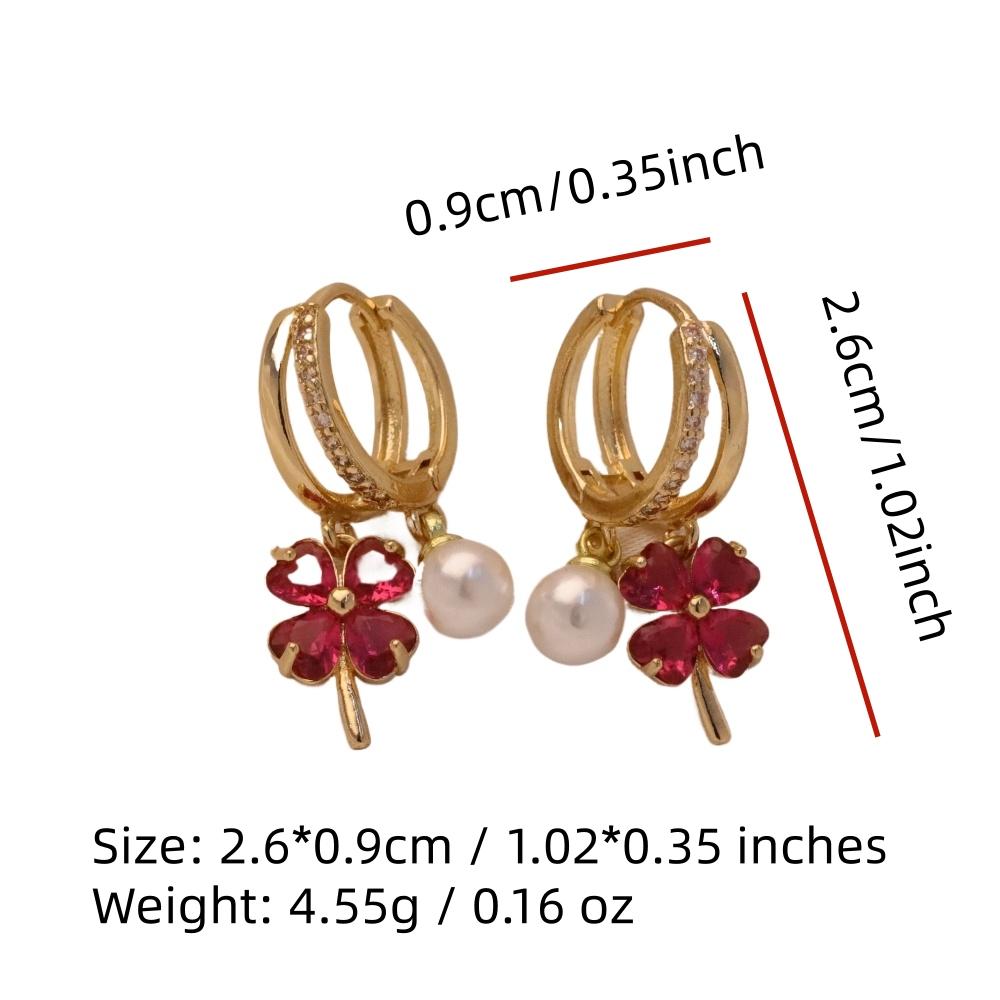 1 Pair Fashion Colorful Four-leaf Clover Zirconia with Imitation Pearls Dangle Earrings for Women Golden Earring Jewelry Wedding Party Accessories