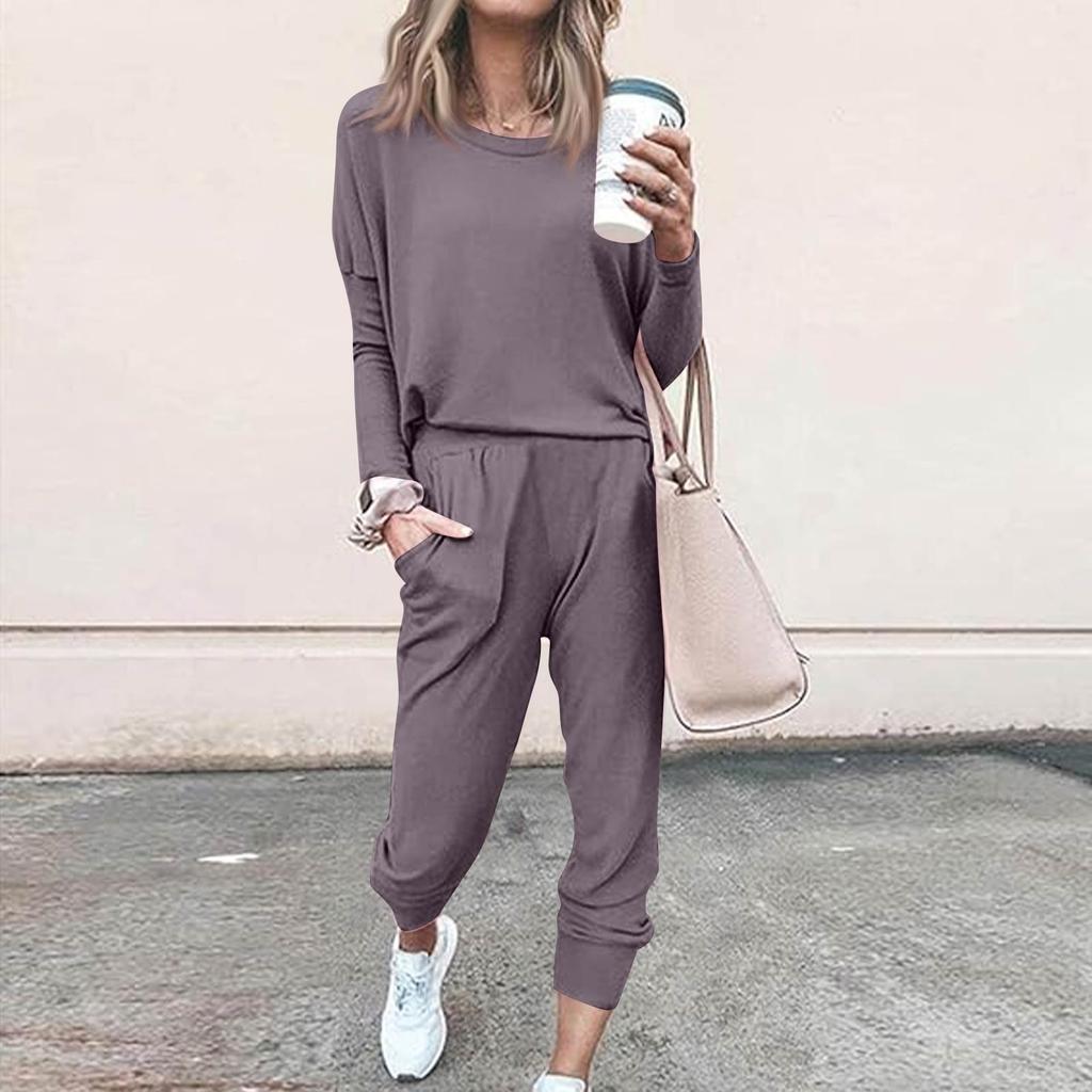 Sets For Women 2 Piece Round Neck Long Sleeve Shirts Colid Sweatpants Pocket Sets