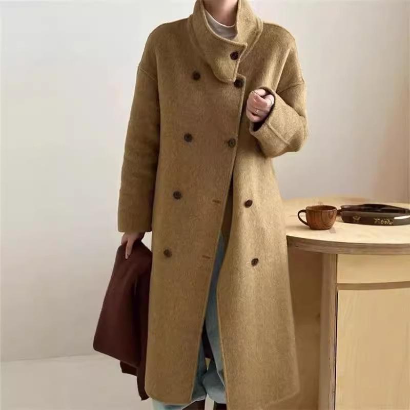 

Осенне-зимнее двухстороннее кашемировое пальто средней длины с воротником-стойкой, универсальное шерстяное пальто в стиле Хепберн для женщин M