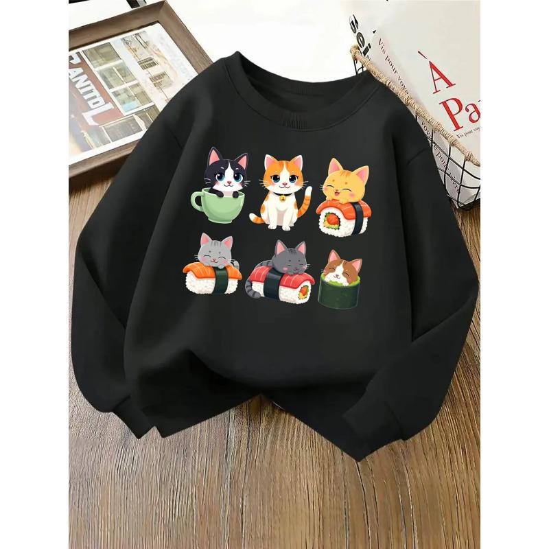 Kids Crewneck Hoodie, Cute Cats Sushi Cup Print,Casual Sportswear for Spring & Autumn