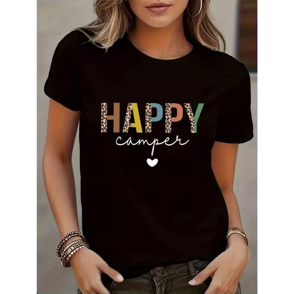 Women'S Stylish Printed T-Shirt, Casual Round Neck, Short Sleeves, Breathable, Perfect for Camping Enthusiasts