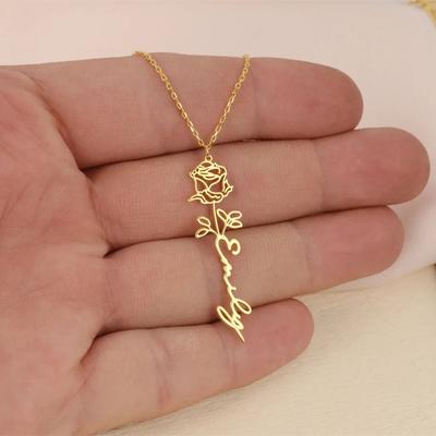 Collier Fleur du Mois de Naissance Personnalisé Pendentif Acier Inoxydable Plaque Nom Personnalisée Chaîne Cadeau Femme Cadeau d'Anniversaire
