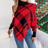 Vintage Christmas Chequer Knitwear Cardigan Sweater Stand Collar Loose Long Sleeve Top Autumn Winter