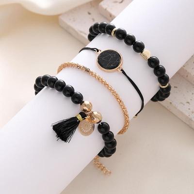 New Beaded Turquoise Tassel Disc Bracelet Set - European & American Fashion (4 Pieces)