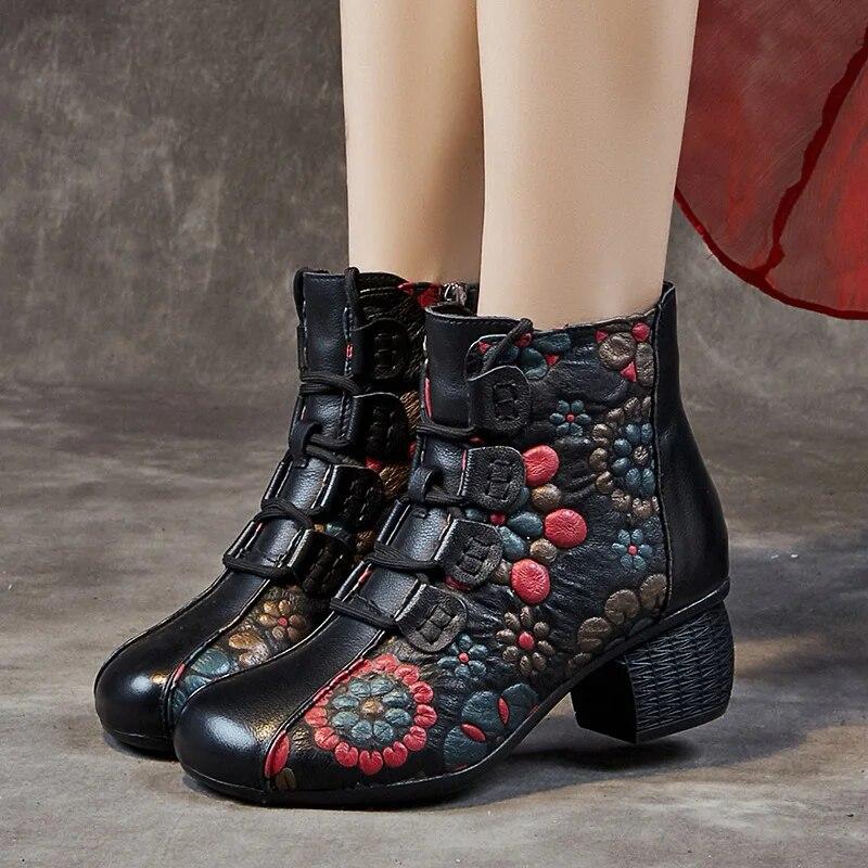 Johnature morbidi stivali corti caldi stampa retrò in vera pelle tacchi spessi e suole morbide scarpe da donna