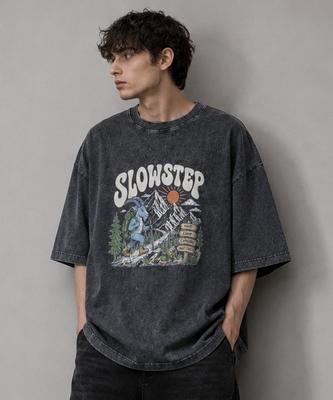 Seullouseuteb Sp2606 Camiseta Preta Oversized de Manga Curta com Estampa de Cabra Montanhosa Vintage Pigmentada