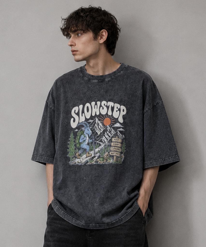 Seullouseuteb Sp2606 Vintage Mountain Goat Graphic Pigment Oversized Short Sleeve Tee Black