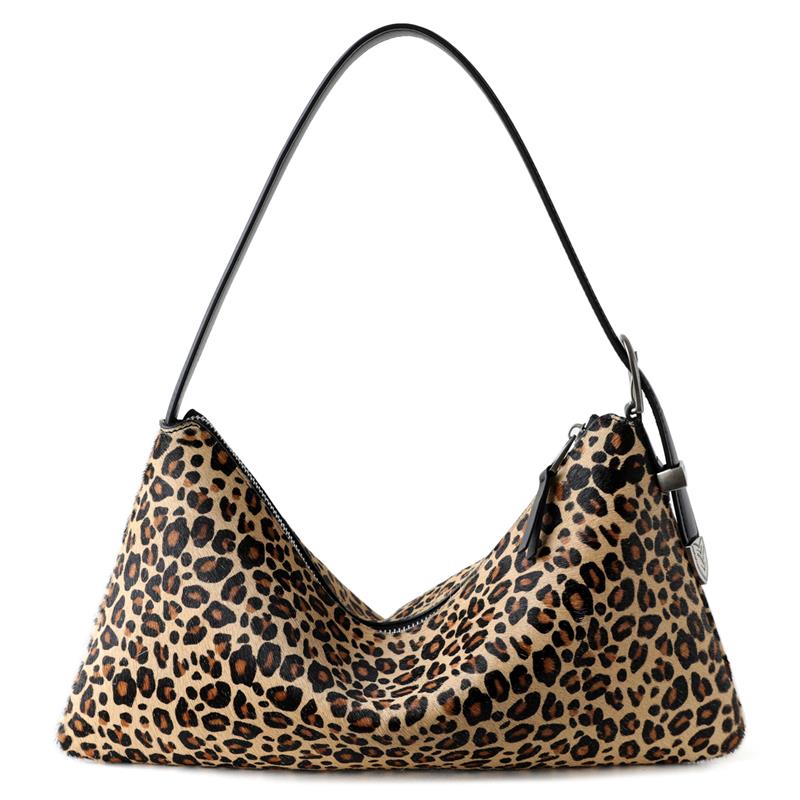 Vintage Leopard Print Underarm Bag Fashion Milk-patterned Horsehair Shoulder Bag Genuine Leather Adjustable Zipper Dumpling Bag