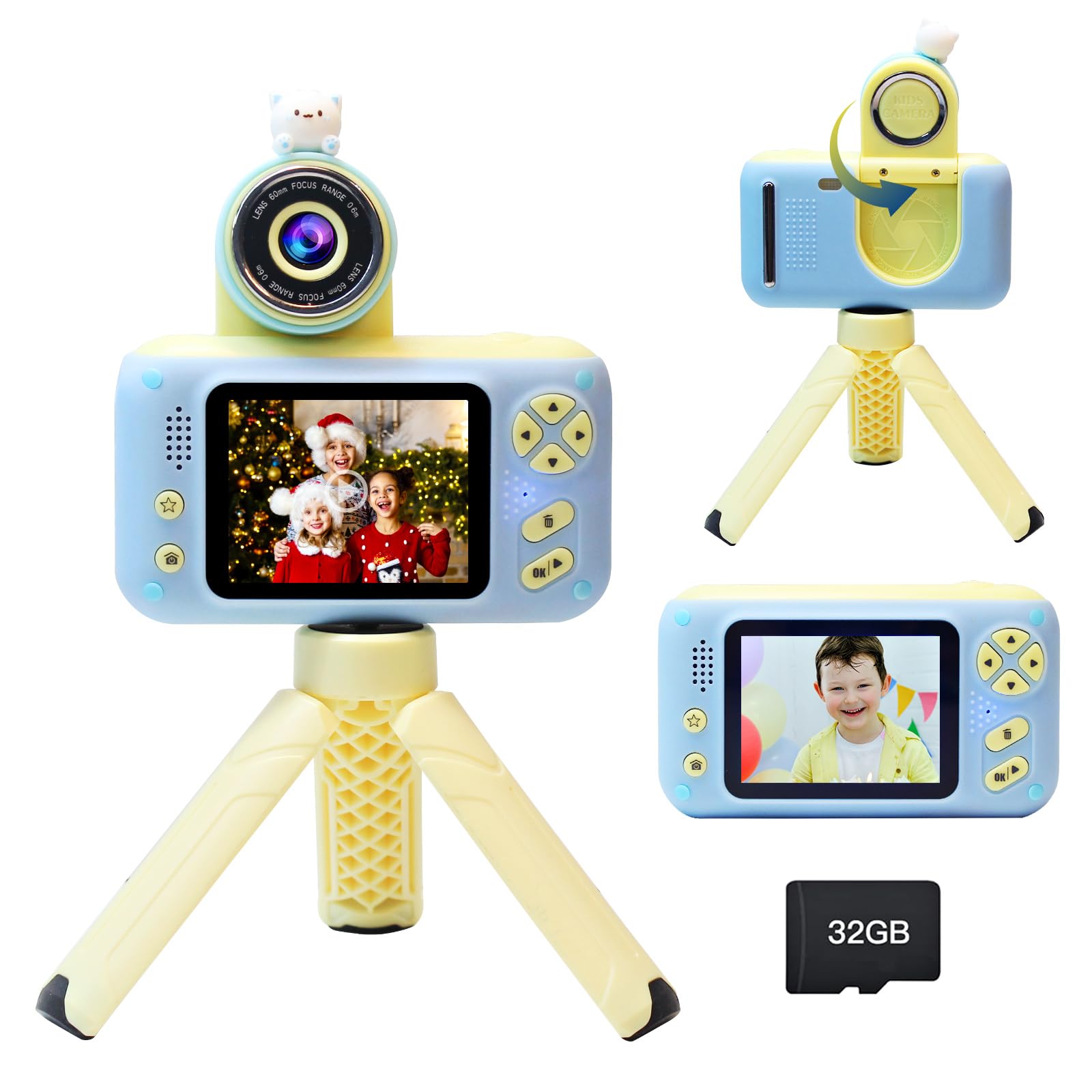 

Детская камера с игрушечной видеокамерой с вращающимся объективом для начальной школы, дюймовая цифровая компактная камера, подарок на день рождения, 32 ГБ, SD-карта, камера