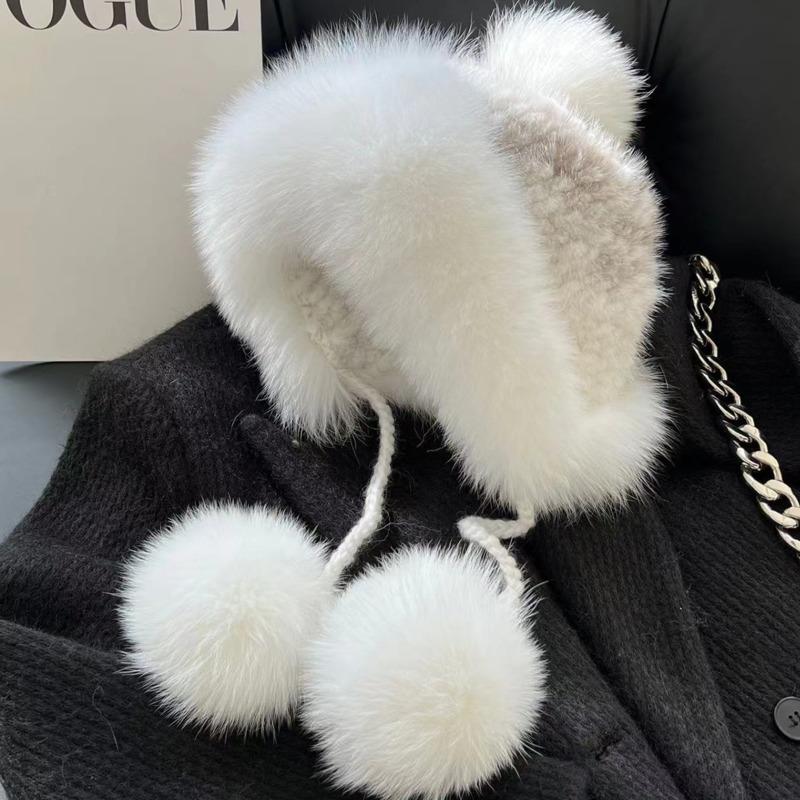 Mink Fur Hat Lei Feng Hat Natural Fur Hat With Fox Fur Ball With Ear Protection Winter Hat For Women Female Warm Knitted Hat