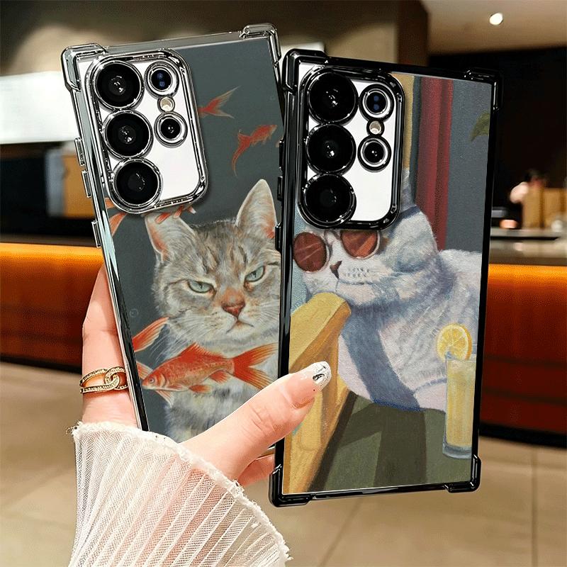 Funny Cats Fashion Style Plating Phone Case For Samsung Galaxy S24 S25 FE S26 Edge S23 Ultra S22 S21 Plus S20 Anti-Fall Airabag