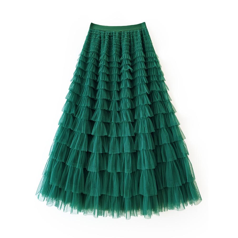 Women's Elastic Waist A‑Line Maxi Tulle Skirt Fresh Sweet Tiered Cake Long Skirt