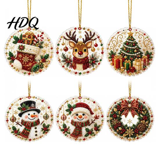 2D Acrylic Santa Ornaments 6 Pcs Christmas Pearl Art Ornaments Flat Holiday Tree Pendant Creative Effect Hanging Decoration for Home Wall