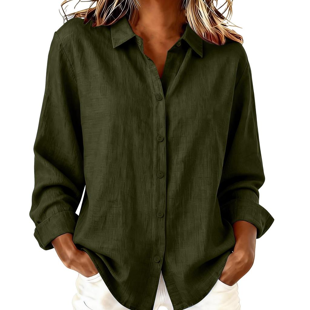 European & American Women's Spring/Summer Lapel Cardigan: Loose Long Sleeve Cotton & Linen Casual Shirt, Versatile for Any Occasion