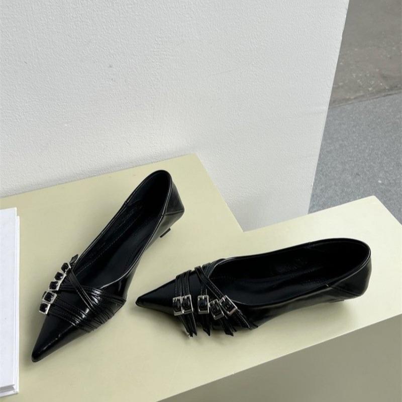 Spring and autumn new fashion pointed low heel women's shoes, with belt buckle lightweight slip ballet elegant high heels