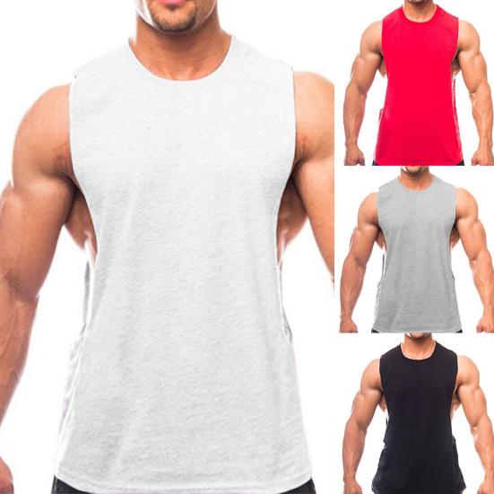 Men Vest Solid Color Loose Summer Round Neck Sleeveless Top for Fitness