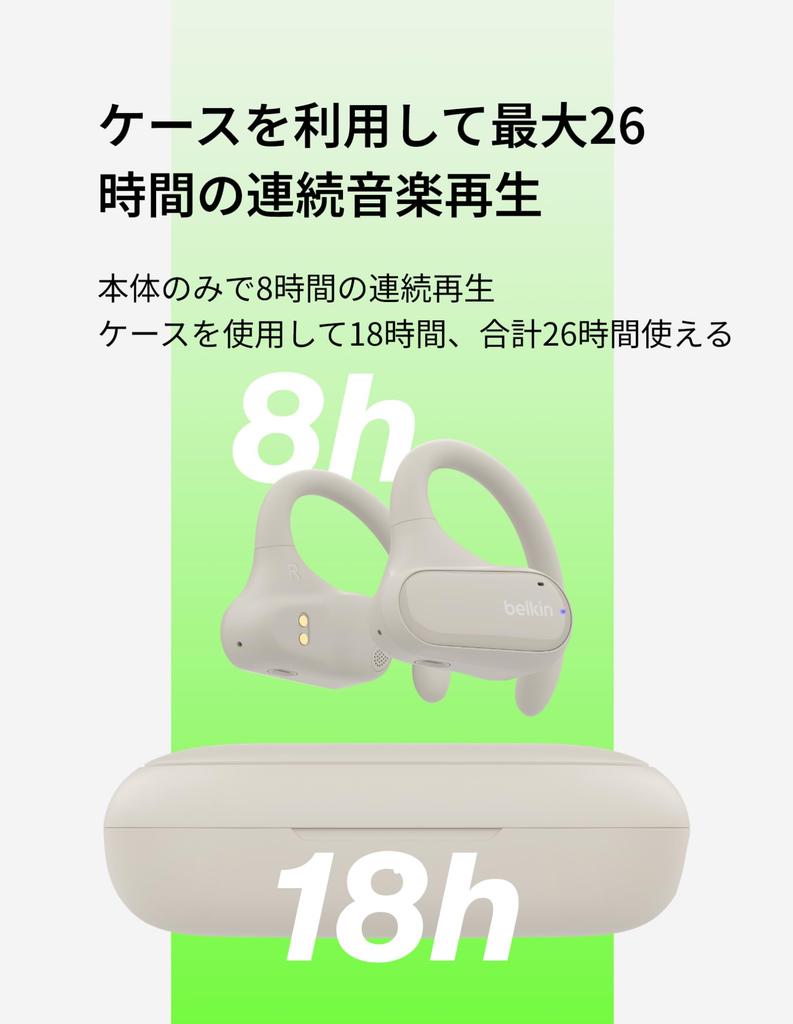 Belkin Sand SoundForm ClearFit AUC013btSA Wireless Open-Ear Earphones Ear-Hook Bluetooth 5.3 26H Water Sweat Resistant 14mm Driver Touch Control